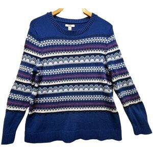 Croft & Barrow Women's Ringer Knit Pullover Sweater Long Sleeve L Blue Fair Isle